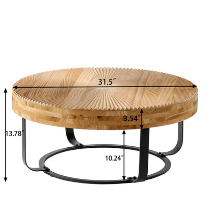 24" Round Carved Wood Coffee Table with Modern Metal Legs