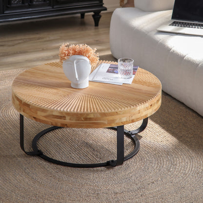 24" Round Carved Wood Coffee Table with Modern Metal Legs