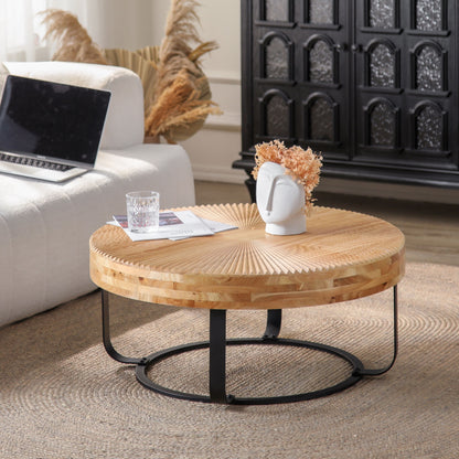 24" Round Carved Wood Coffee Table with Modern Metal Legs