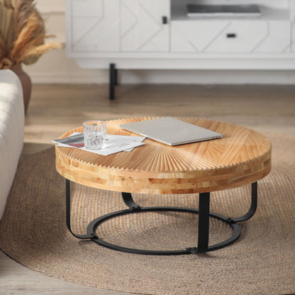 24" Round Carved Wood Coffee Table with Modern Metal Legs