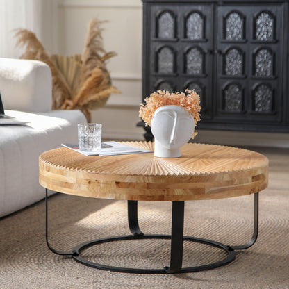 24" Round Carved Wood Coffee Table with Modern Metal Legs