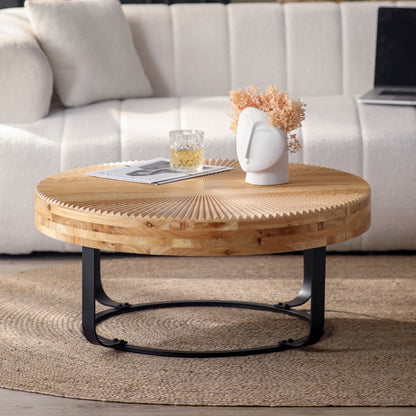 24" Round Carved Wood Coffee Table with Modern Metal Legs