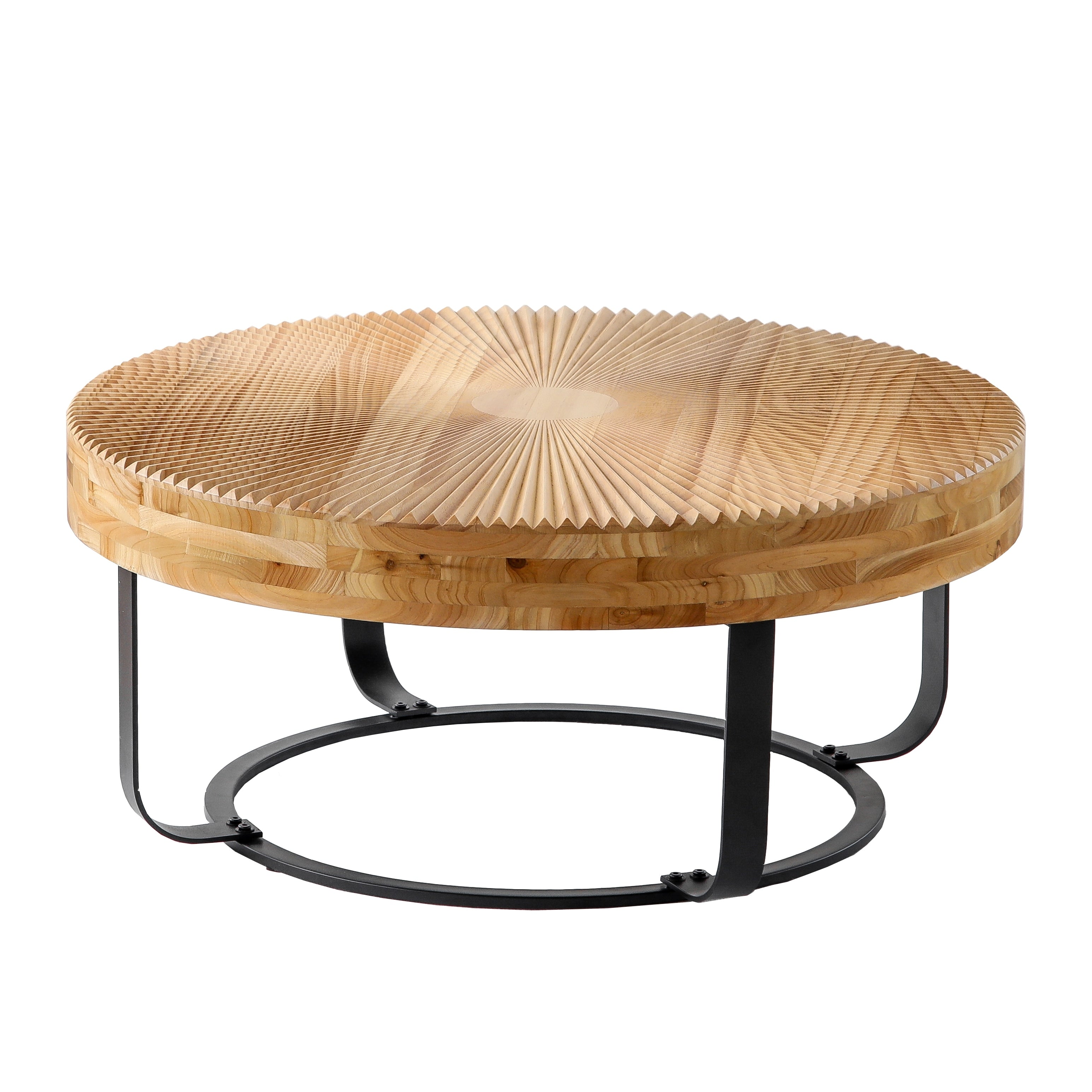 24" Round Carved Wood Coffee Table with Modern Metal Legs