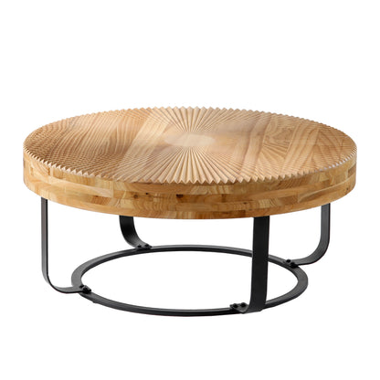 24" Round Carved Wood Coffee Table with Modern Metal Legs