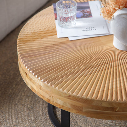 24" Round Carved Wood Coffee Table with Modern Metal Legs