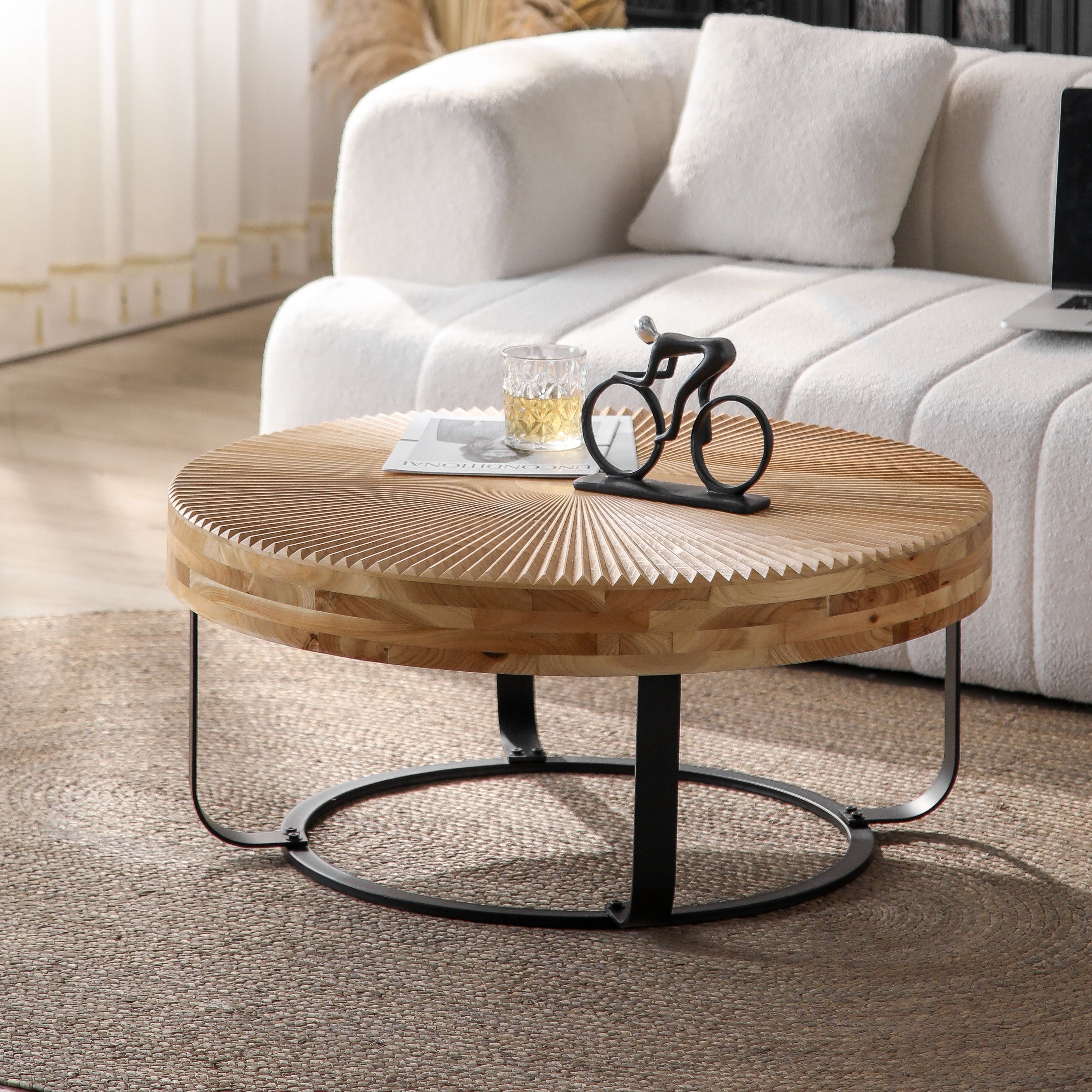24" Round Carved Wood Coffee Table with Modern Metal Legs
