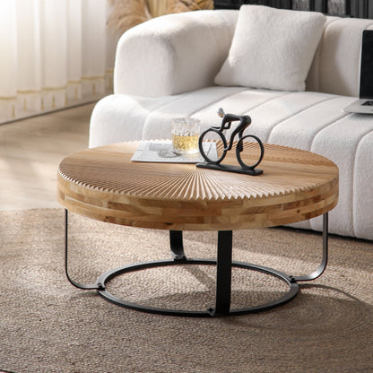 24" Round Carved Wood Coffee Table with Modern Metal Legs