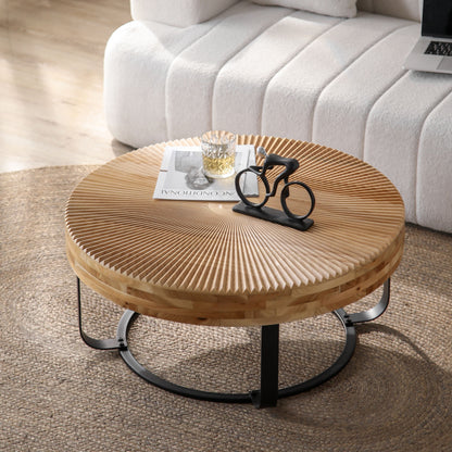 24" Round Carved Wood Coffee Table with Modern Metal Legs