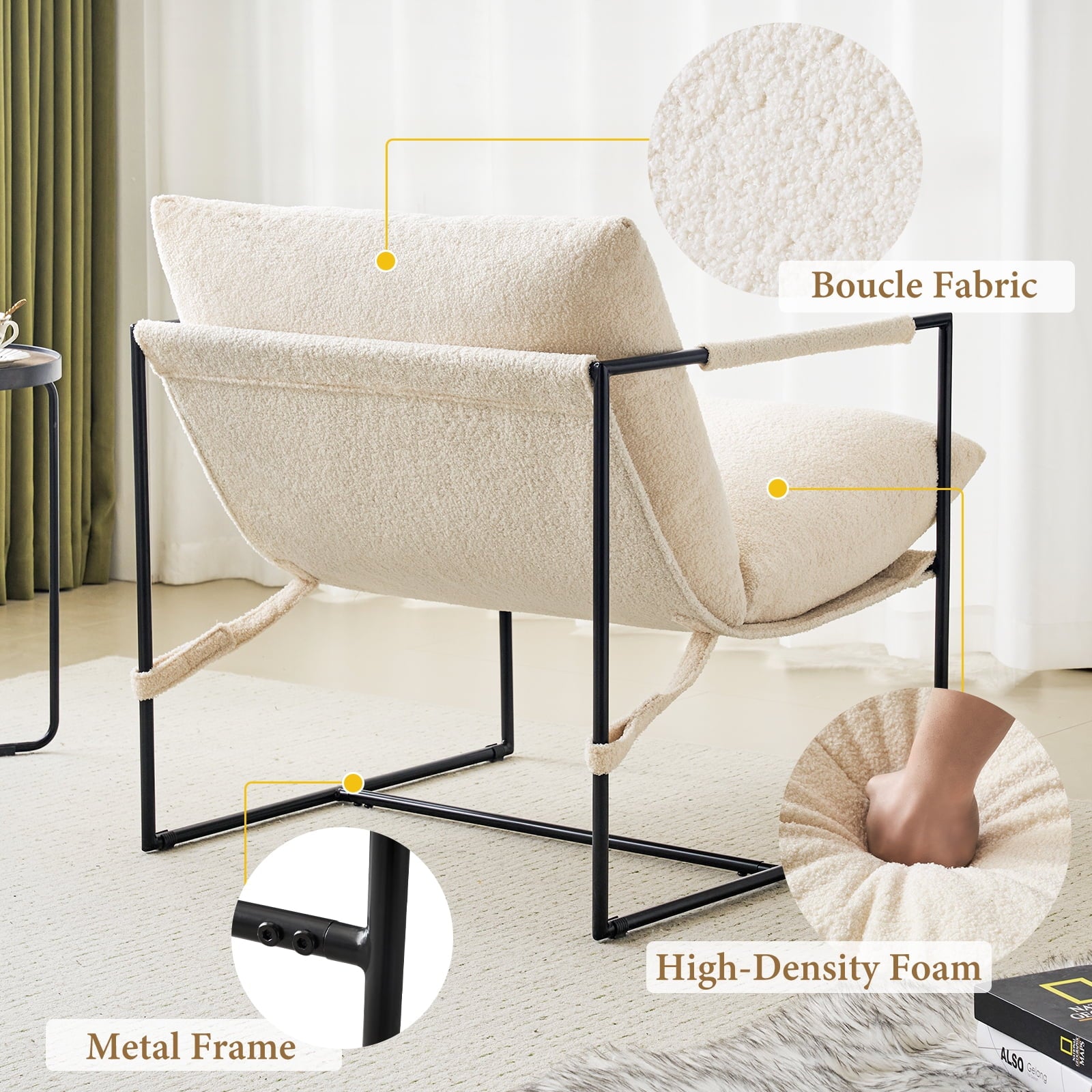 29" Modern Ivory White Faux Fur Sling Accent Chair - Metal Frame Upholstered Armchair
