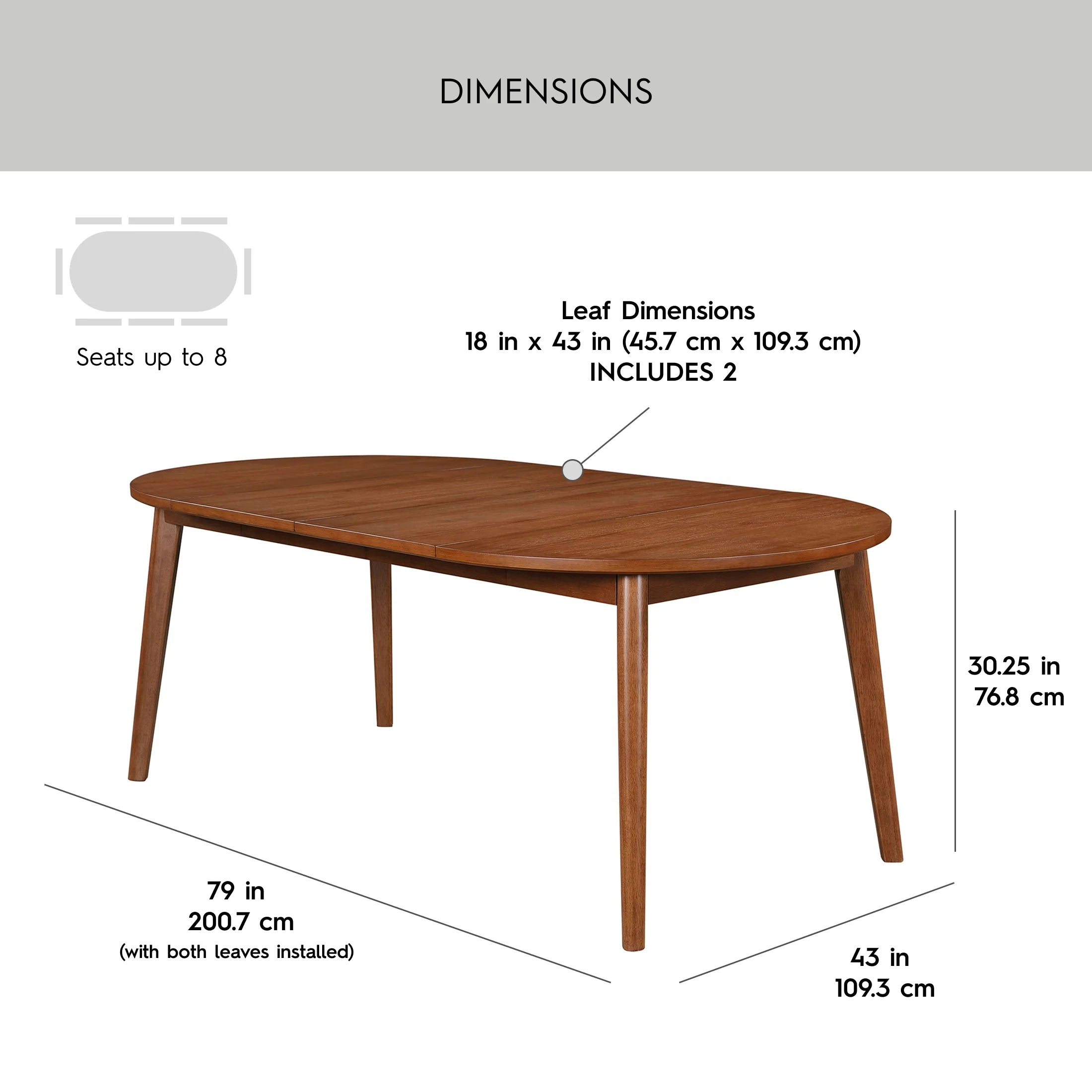 Mid-Century Extendable Dining Table, Solid Wood and Veneer, Acorn Finish