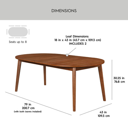 Mid-Century Extendable Dining Table, Solid Wood and Veneer, Acorn Finish
