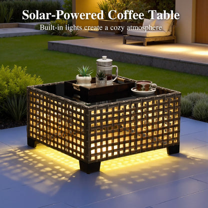6-Piece Outdoor Patio Furniture Set with Solar-Powered Lighted Coffee Table, All-Weather Wicker L-Shaped Sectional Sofa, Beige