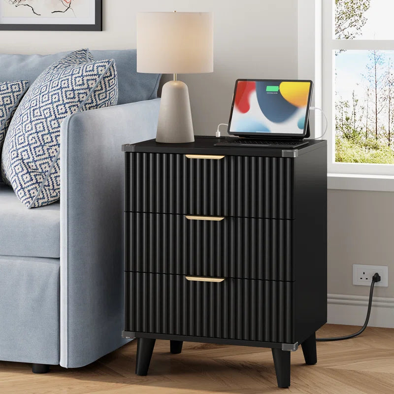 Nightstand with Charging Station, 3 Drawers  With 2 USB Ports and 2 AC Outlets
