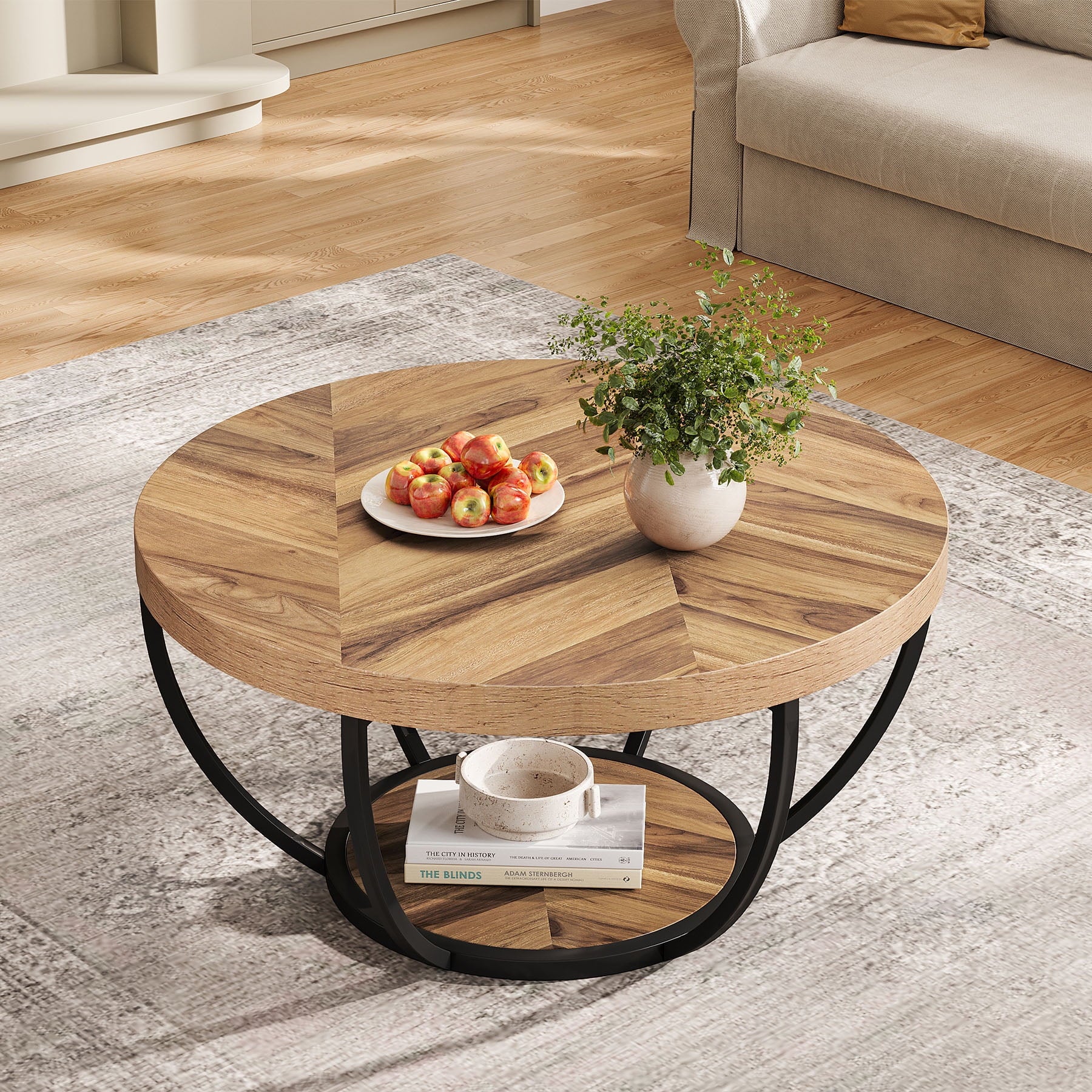 32" Round 2-Tier Coffee Table with Storage - Modern Wood & Metal