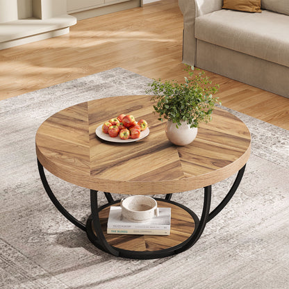 32" Round 2-Tier Coffee Table with Storage - Modern Wood & Metal