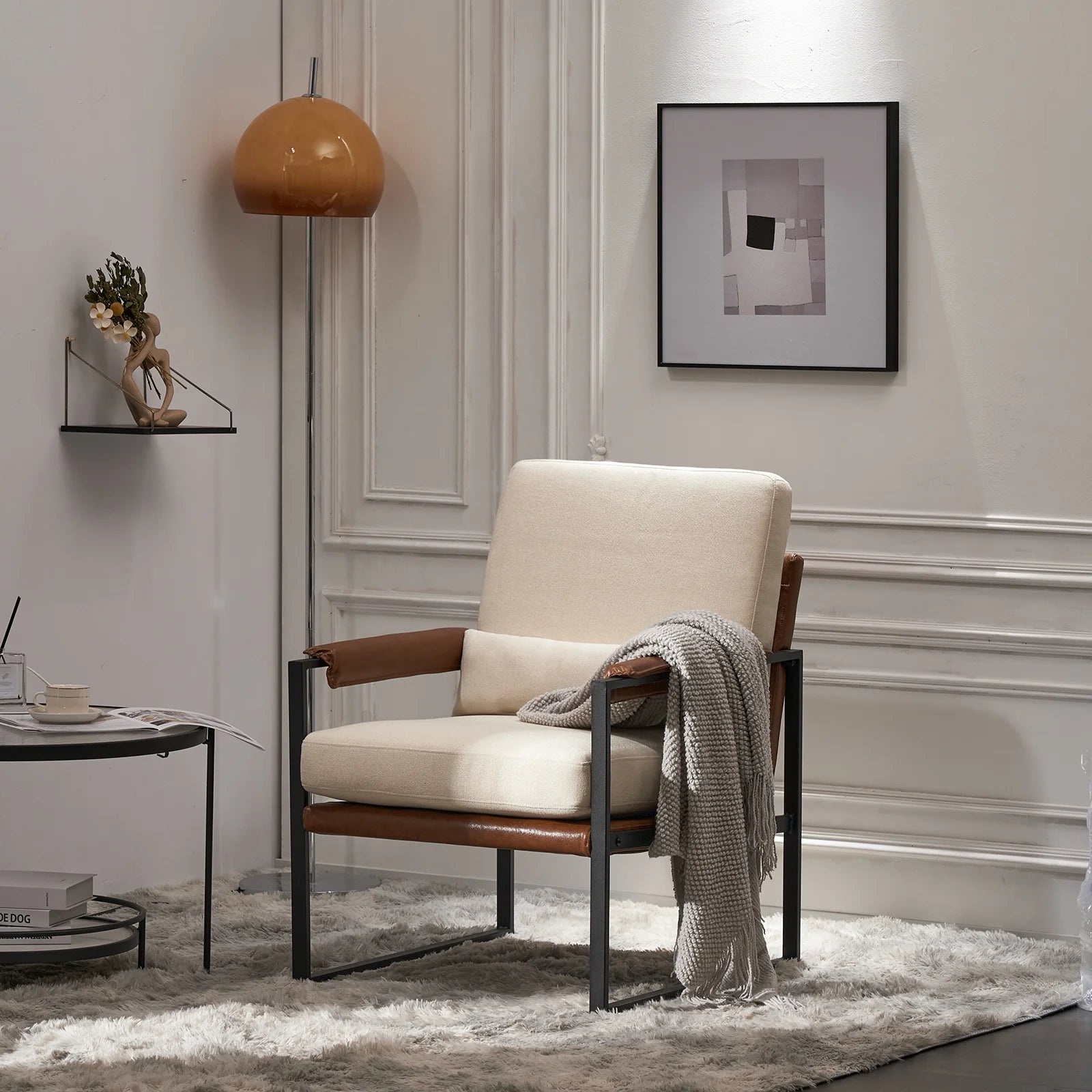 Accent Chair Lounge Armchair Modern Linen Fabric Upholstered Single Sofa with Black Coated Metal Frame Creamy White and Brown