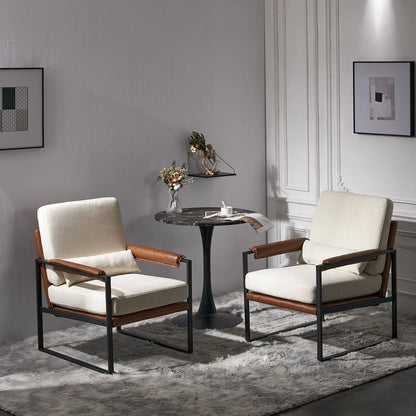 Accent Chair Lounge Armchair Modern Linen Fabric Upholstered Single Sofa with Black Coated Metal Frame Creamy White and Brown