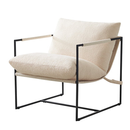 29" Modern Ivory White Faux Fur Sling Accent Chair - Metal Frame Upholstered Armchair