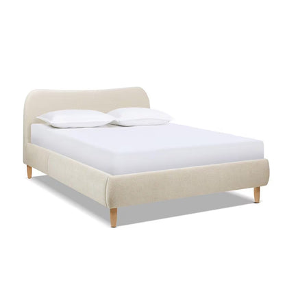 Elevate Your Bedroom with the Roman Curved Headboard Boucle Upholstered Queen Platform Bed Frame in Elegant Oatmeal Light Beige Chenille