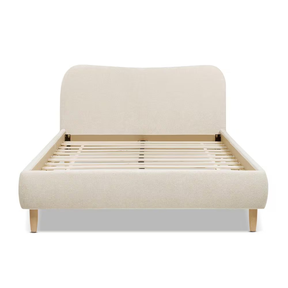 Elevate Your Bedroom with the Roman Curved Headboard Boucle Upholstered Queen Platform Bed Frame in Elegant Oatmeal Light Beige Chenille