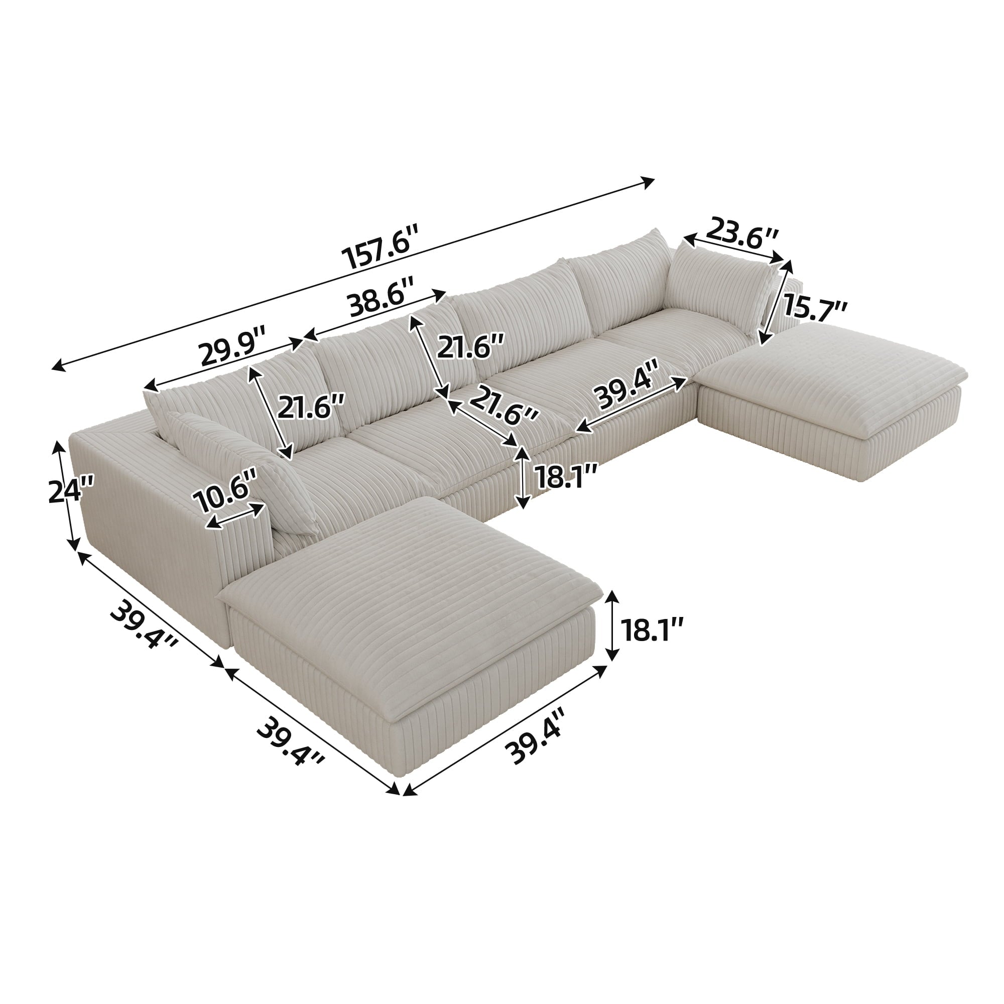 Modular Corduroy U Shaped Sectional Sofa with Movable Ottoman Chaise