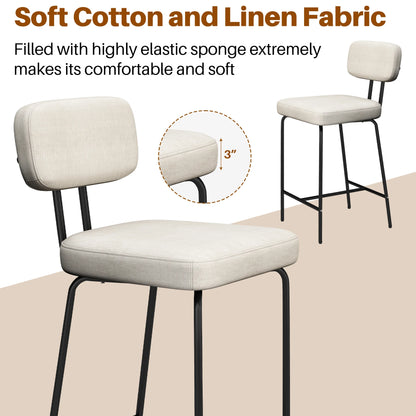 Bar Stools Set of 2, 26" Counter Height Barstools with Back and Footrest, Square Fabric Upholstered Stools, White