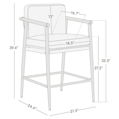 Modern Upholstered Bar Stools with Metal Frame and Wooden Armrests, Fabric in Beige