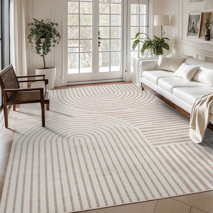8'X10' Area Rugs for Living Room Jacquard Textured Modern Rugs Soft Geometric Rug for Bedroom Mid Century Washable Rug Non-Slip Bohemian Carpet Perfect for Dining Room Office Beige