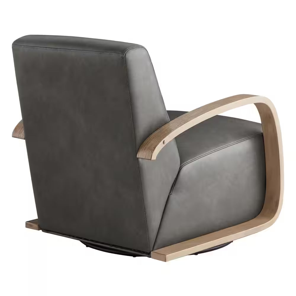 Ella Dark Grey Leather Swivel Accent Chair with Grey Solid Wood Arm Modern Armchair for Living Room or Bedroom