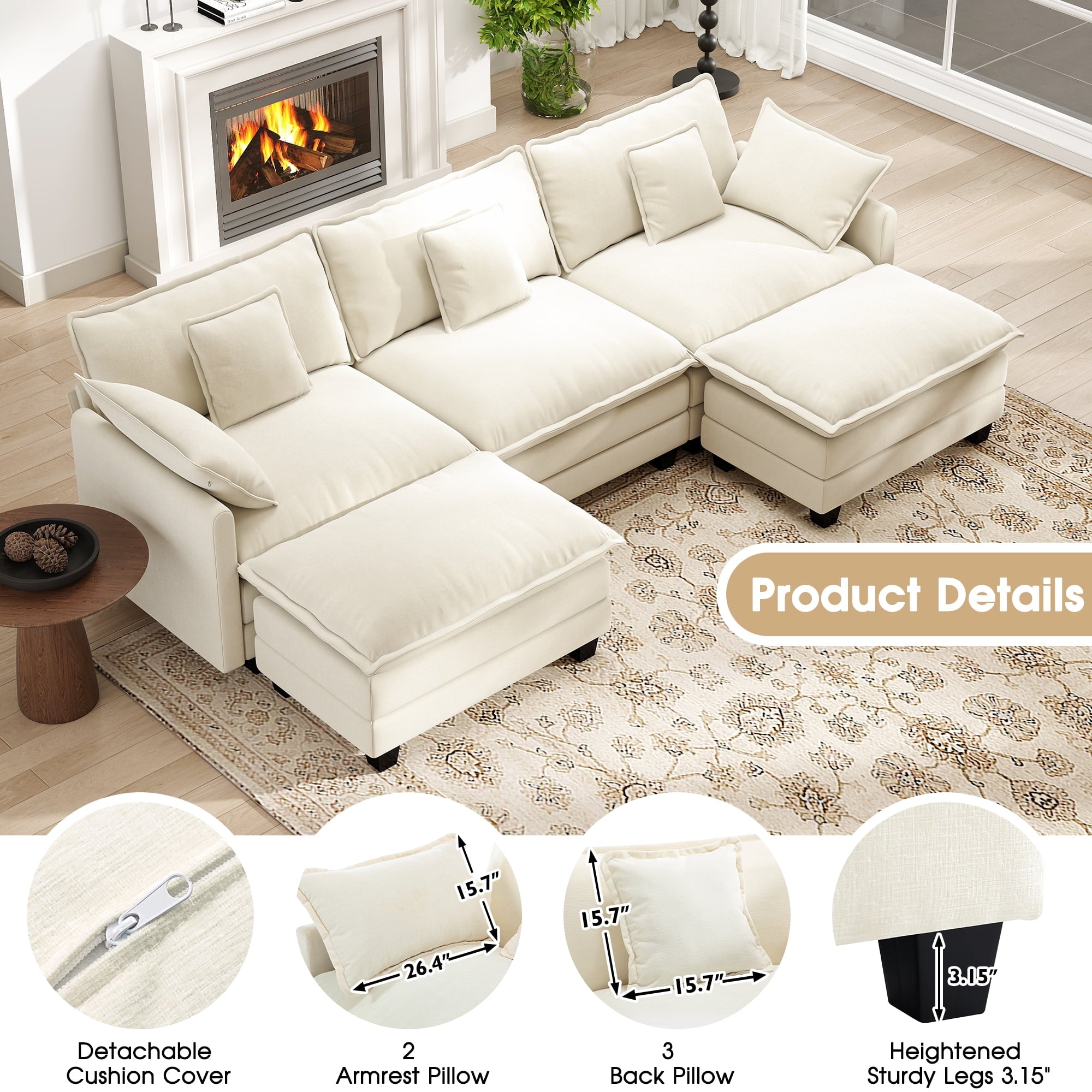 111.5" Modular U-Shaped Sectional Sofa - 3-Seat Beige Cloud Couch with Movable Ottomans