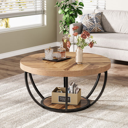 32" Round 2-Tier Coffee Table with Storage - Modern Wood & Metal