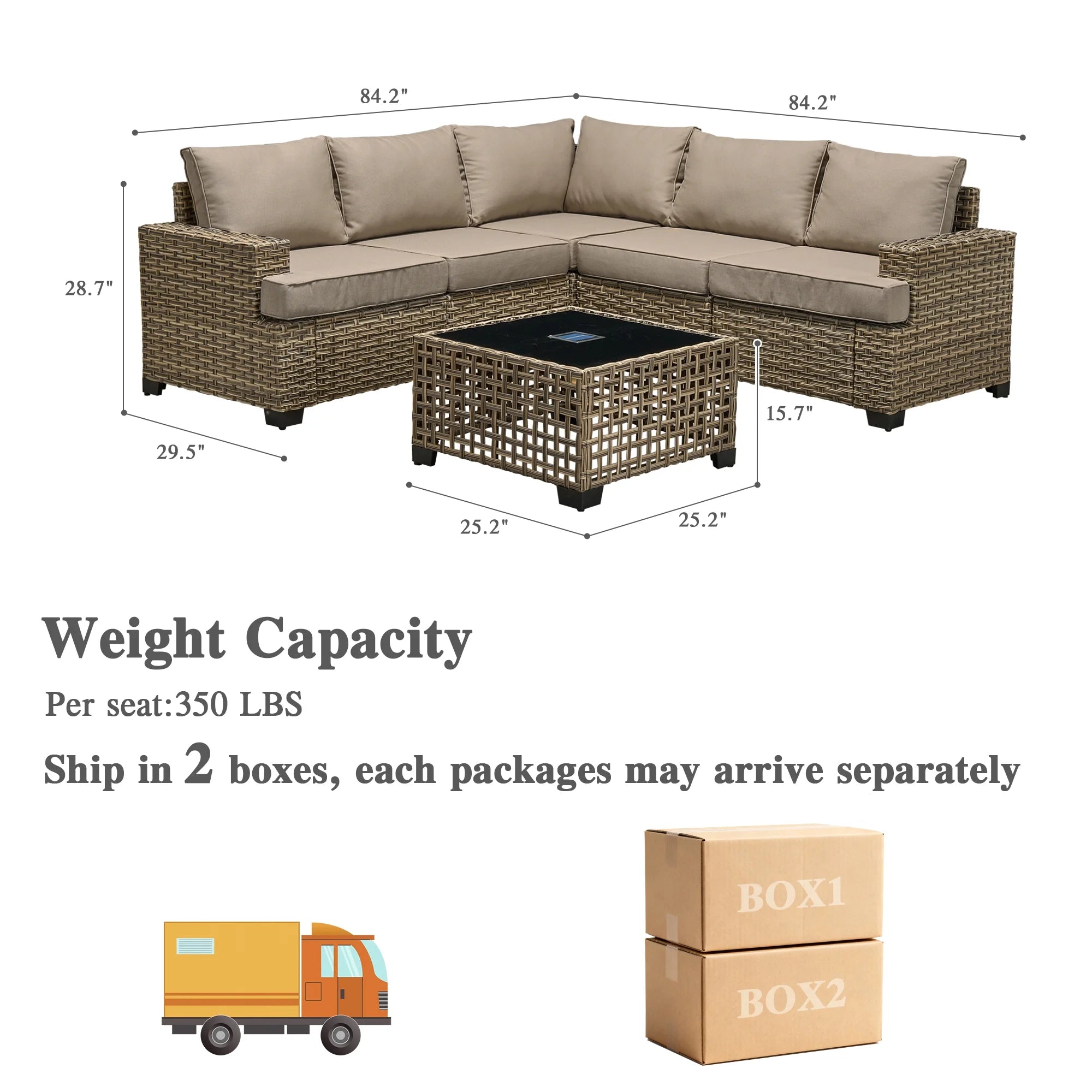 6-Piece Outdoor Patio Furniture Set with Solar-Powered Lighted Coffee Table, All-Weather Wicker L-Shaped Sectional Sofa, Beige