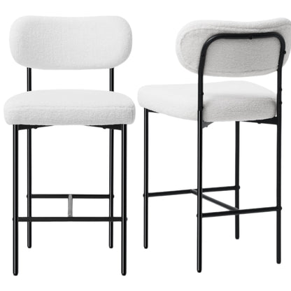 Set of 2 White Bouclé Bar Stools – 26" Counter Height with Backrest