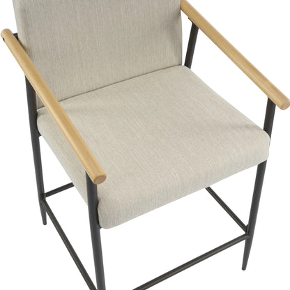 Beige Cushion, Counter Height Stools, Metal Frame, Wood Armrests, Set of 2