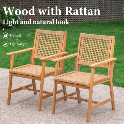 2-Piece Acacia Wood Patio Dining Chairs (Weight Capacity 350 Lbs) with Rattan Seat & Back, Natural Wood Outdoor Chairs