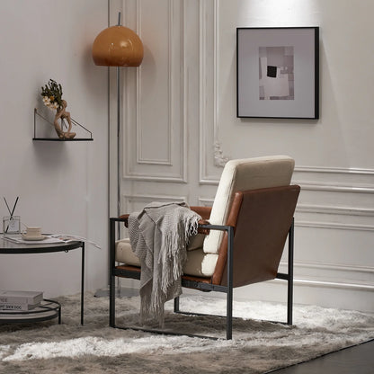 Accent Chair Lounge Armchair Modern Linen Fabric Upholstered Single Sofa with Black Coated Metal Frame Creamy White and Brown