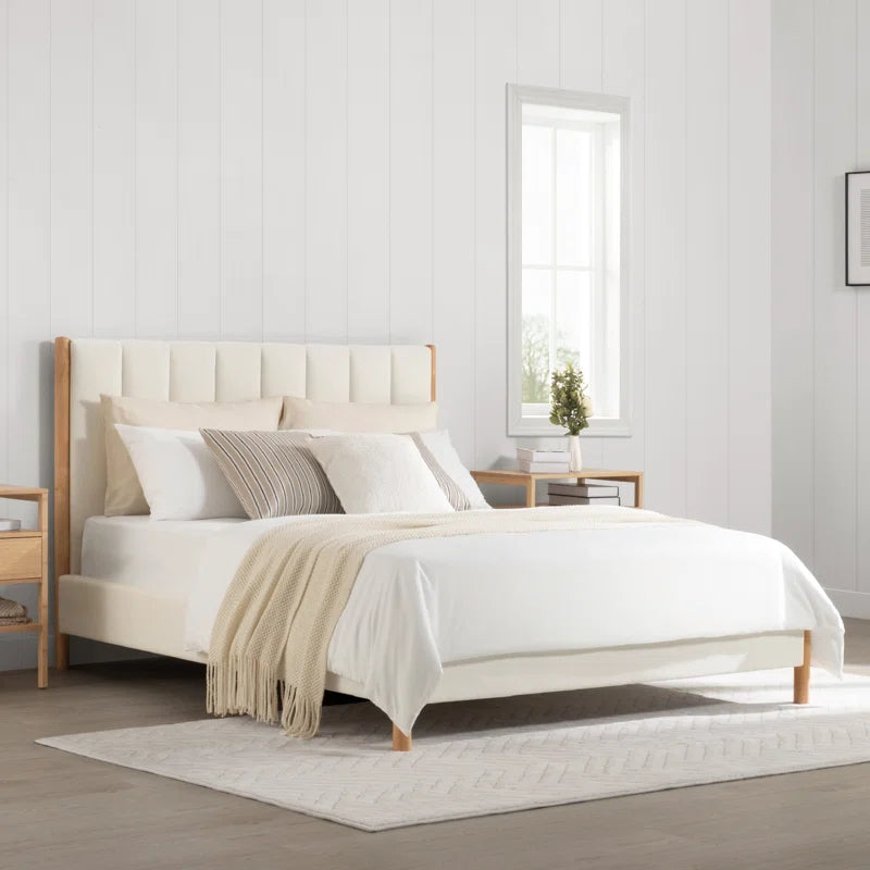 Rezana Solid Wood Boucle Upholstered Headboard Bed Frame