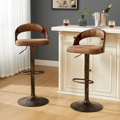 Set of 2 Swivel Bar Stools – Adjustable Height Dark Brown PU Leather