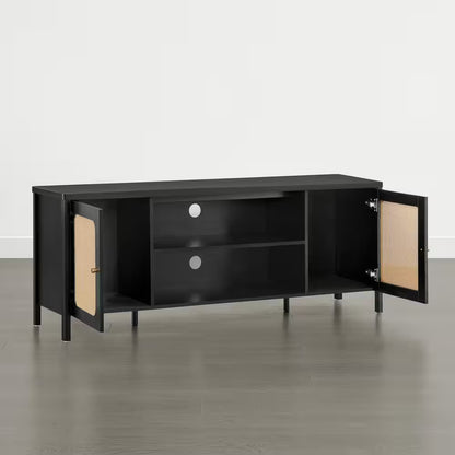 Aaron Black TV Stand Fits Tvs up to 70 In. with 2 Storage Cabinets and 2-Tier Open Shelf ,Soft-Close Hinges,Cable Ports