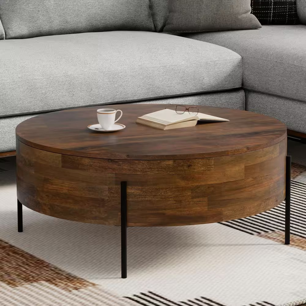 Walnut Brown Wide round Modern Urban Drum Solid Mango Wood Coffee Table