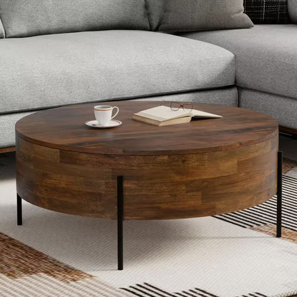 Walnut Brown Wide round Modern Urban Drum Solid Mango Wood Coffee Table