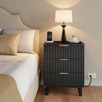 Nightstand with Charging Station, 3 Drawers  With 2 USB Ports and 2 AC Outlets