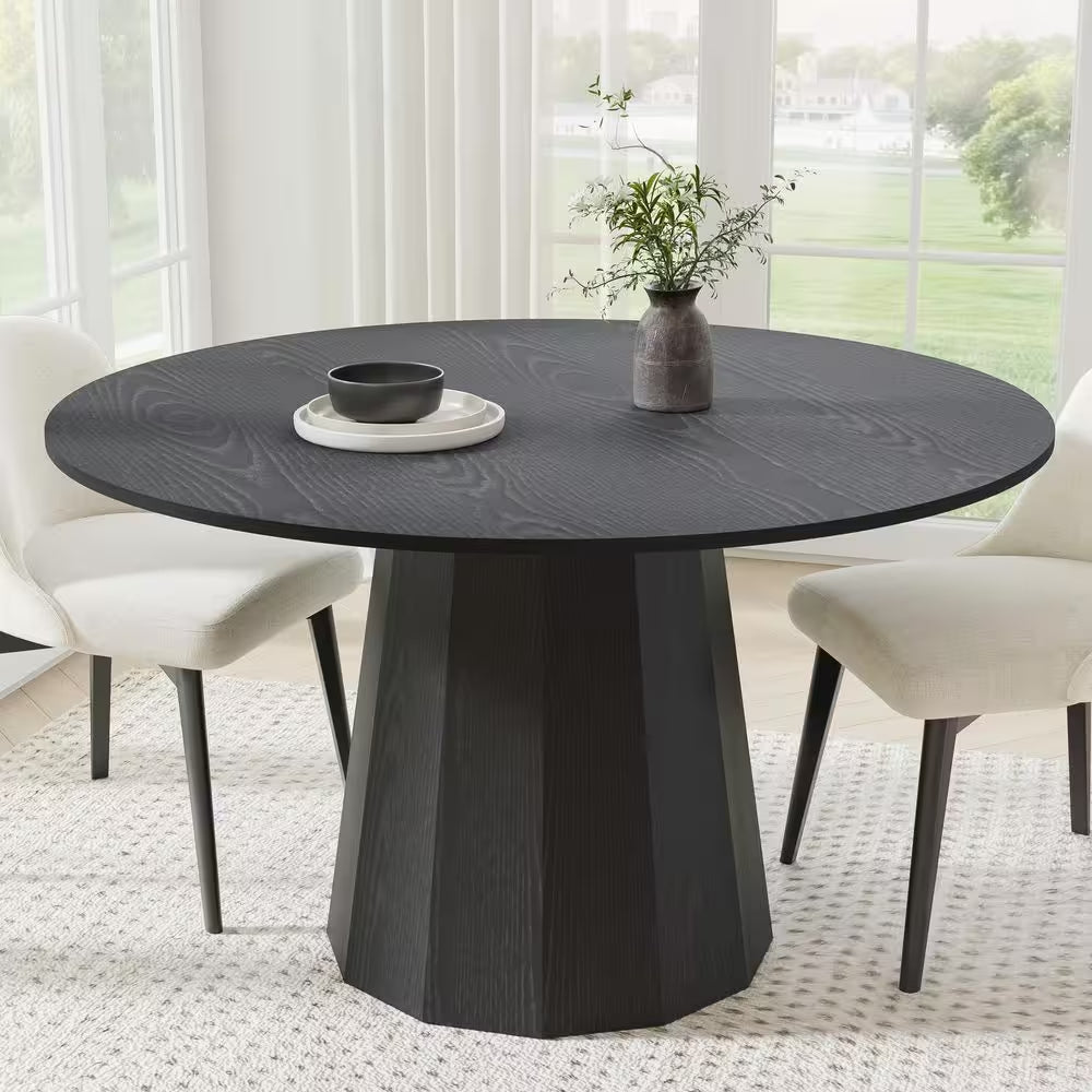 Cone Black Colored Wood 52 In. Column Base Straight Edge Dining Table for 6