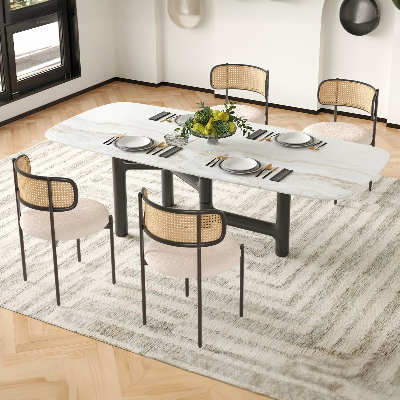 Upholstered Dining Chair Set of 4, Rattan Backrest Kitchen Chair, Light Brown