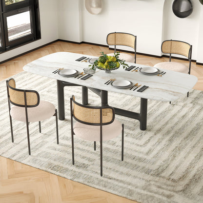 Upholstered Dining Chair Set of 4, Rattan Backrest Kitchen Chair, Light Brown