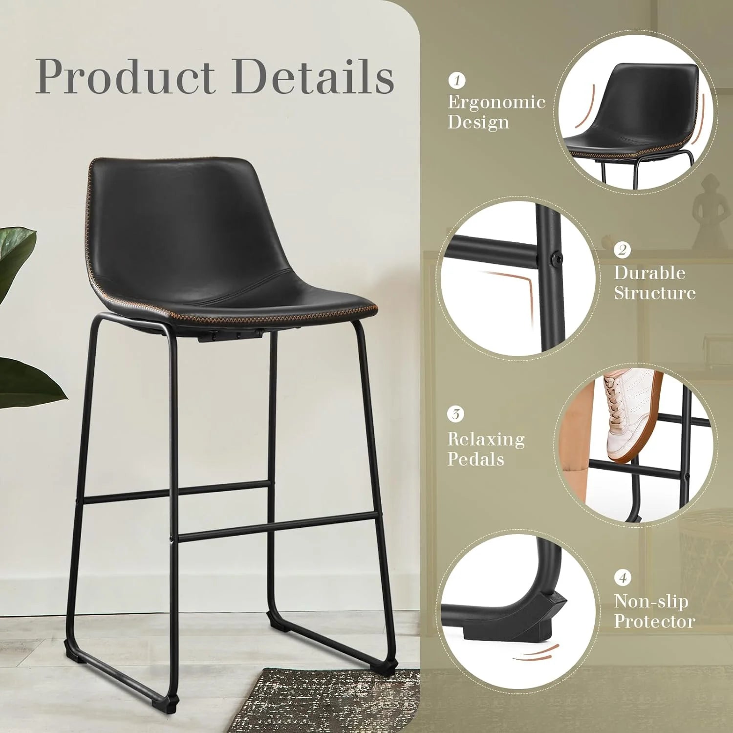 30 Inch Barstools High PU Leather Counter Bar Stool with Back and Footrest Set of 2, Black