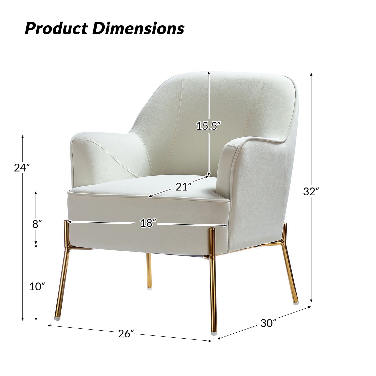 Mid-Century Modern Velvet Upholstered Accent Chair Metal Legs Curved Backrest Lounge Home Armchair Bedroom Ivory