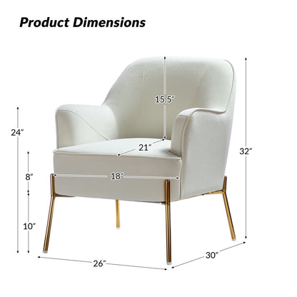 Mid-Century Modern Velvet Upholstered Accent Chair Metal Legs Curved Backrest Lounge Home Armchair Bedroom Ivory