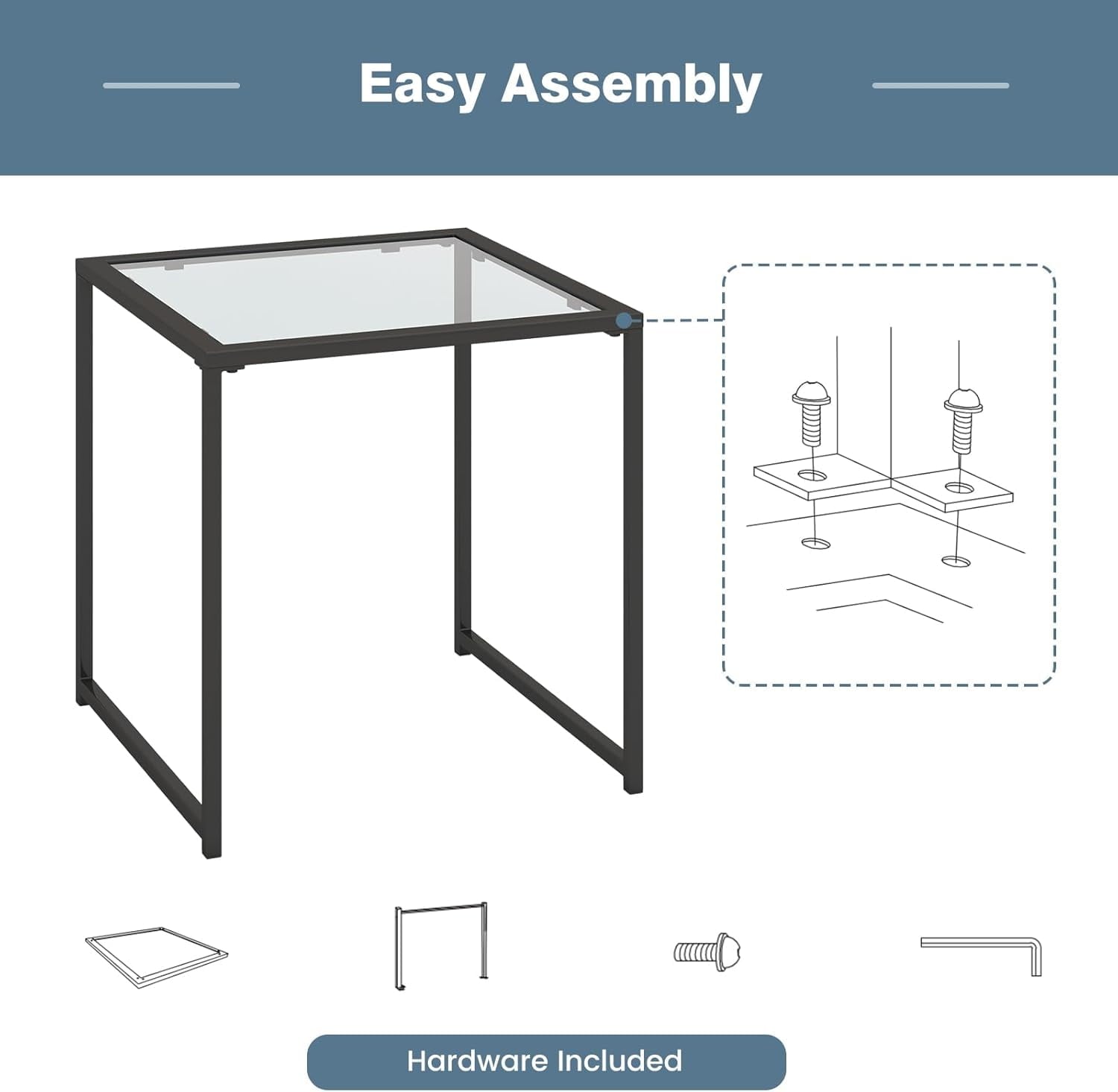 17" Square Patio Side Table - Modern Minimalist Metal End Table with Tempered Glass