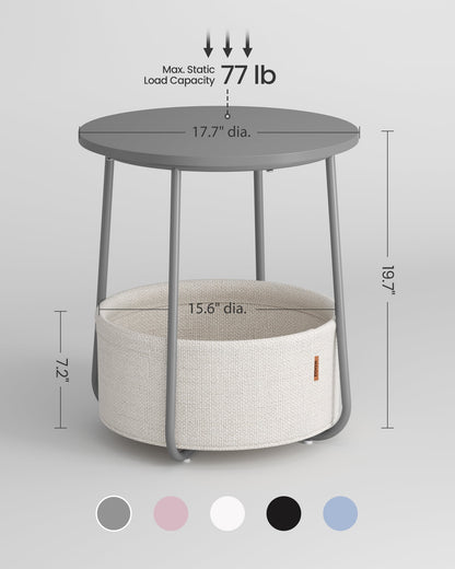 Round Side Table with Fabric Storage Basket - Modern Nightstand & End Table (Dove Gray/White)